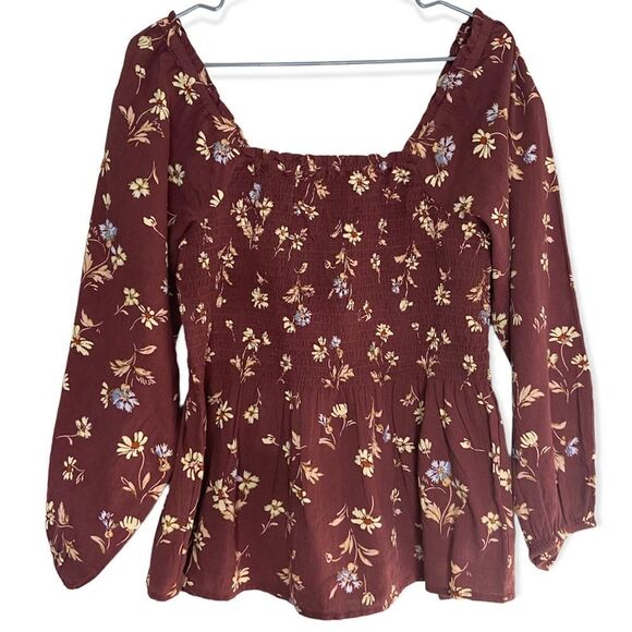 Madewell NWT Dark Merlot Floral Lucie Smocked Square-Neck Peplum Blouse Size 2 - Picture 2 of 8